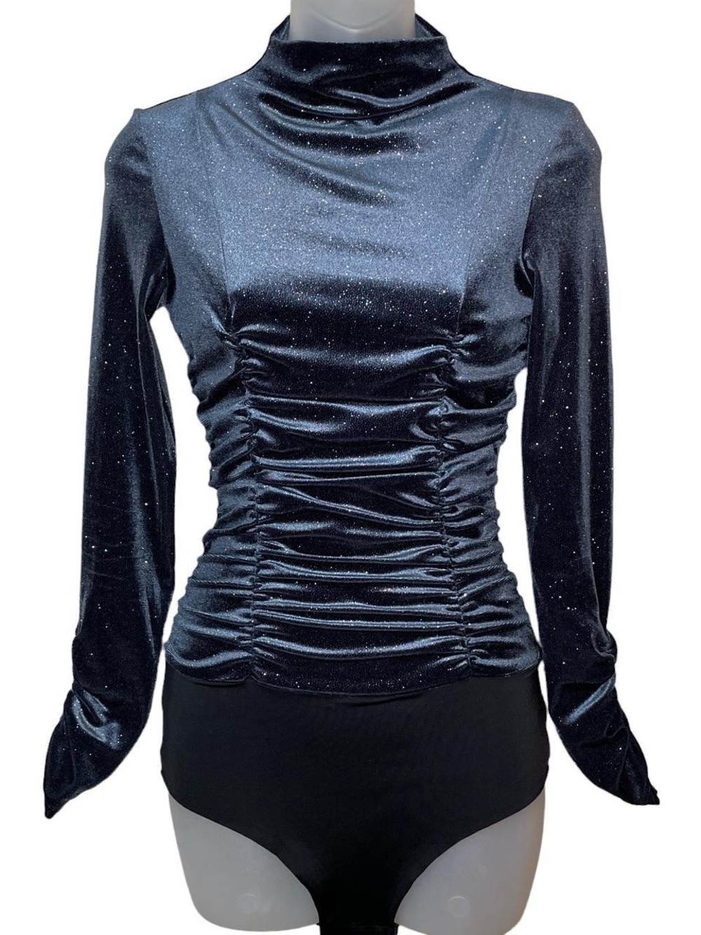 Zara Shimmery Navy Ruched Long-Sleeve Women's Bodysuit